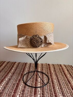 Feather in Your Cap Boater Hat with Ribbon & Knot Detail Neutral Colors Vintage